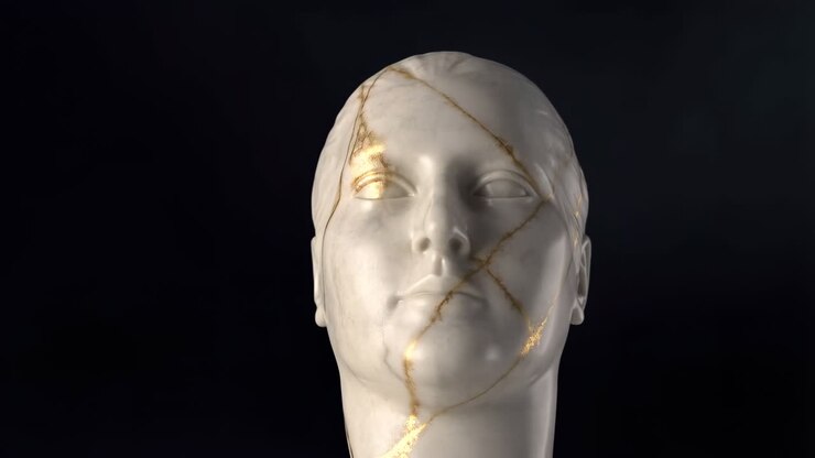 Scultura di testa in stile Kintsugi con crepe dorate su sfondo scuro