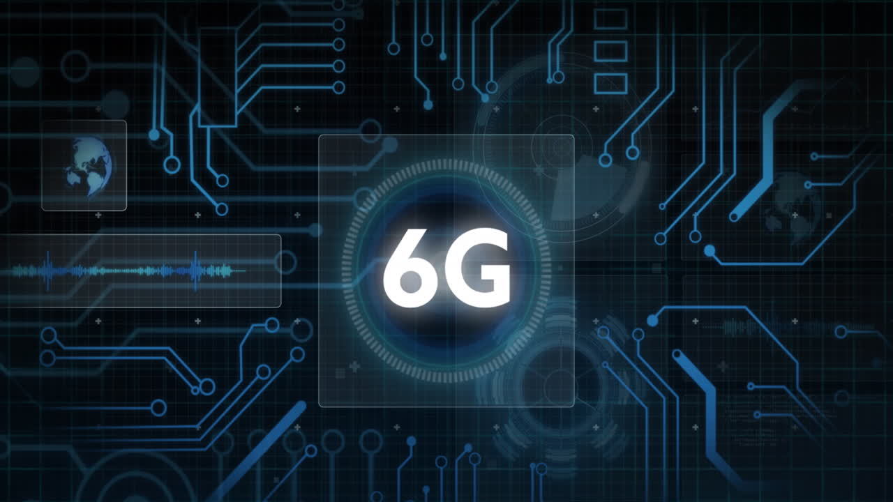 Animation of 6g text, scope scanning, data processing over computer circuit board