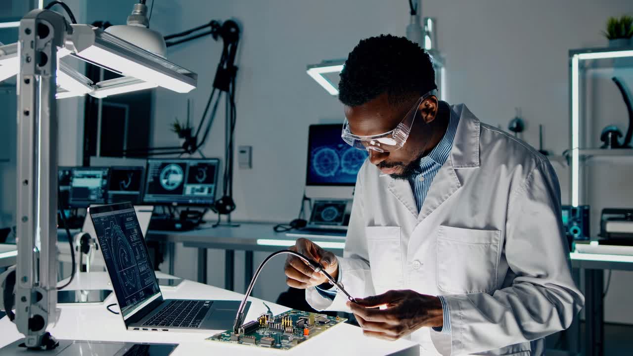 A high-angle shot of a scientist in a lab coat working on a circuit board, surrounded by tech