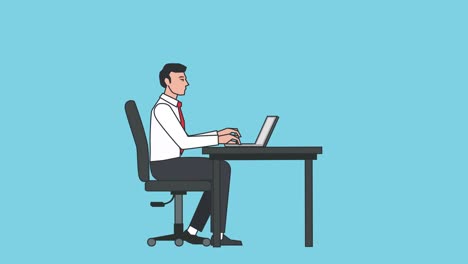 personaje de dibujos animados hombre de negocios trabajo de la computadora portátil lugar de trabajo animación aislado con luma mate