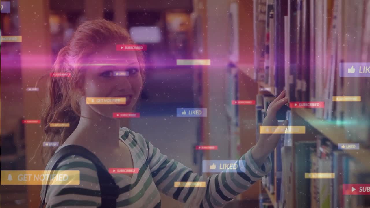 Woman scanning library books showing floating Like Subscribe Notify icons pulling book for signup