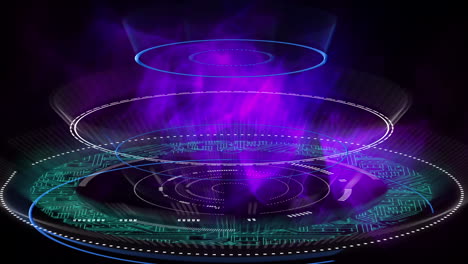 animation of violet smoke over circles with integrated circuit on black background