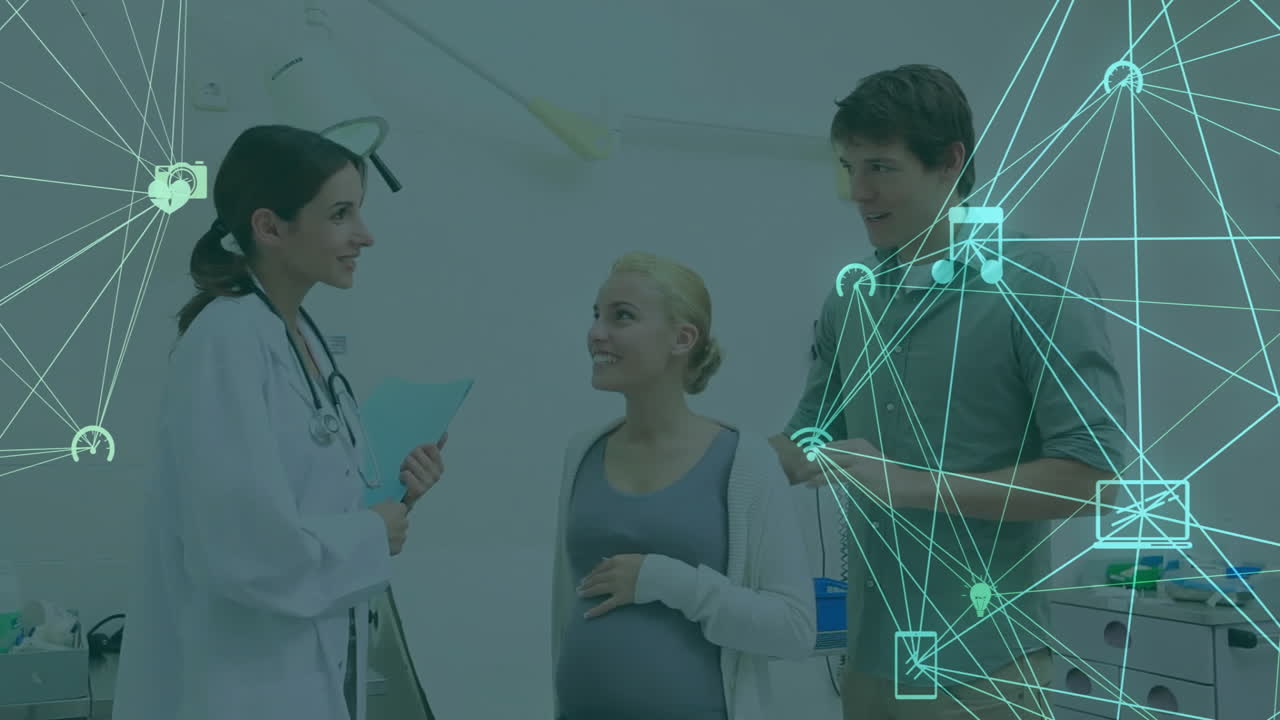 백인 여성 의사가 임산부와 대화하는 미디어 아이콘의 애니메이션