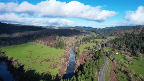 beautiful 4k landscape aerial drone shot overlooking creek bedding in southern oregon