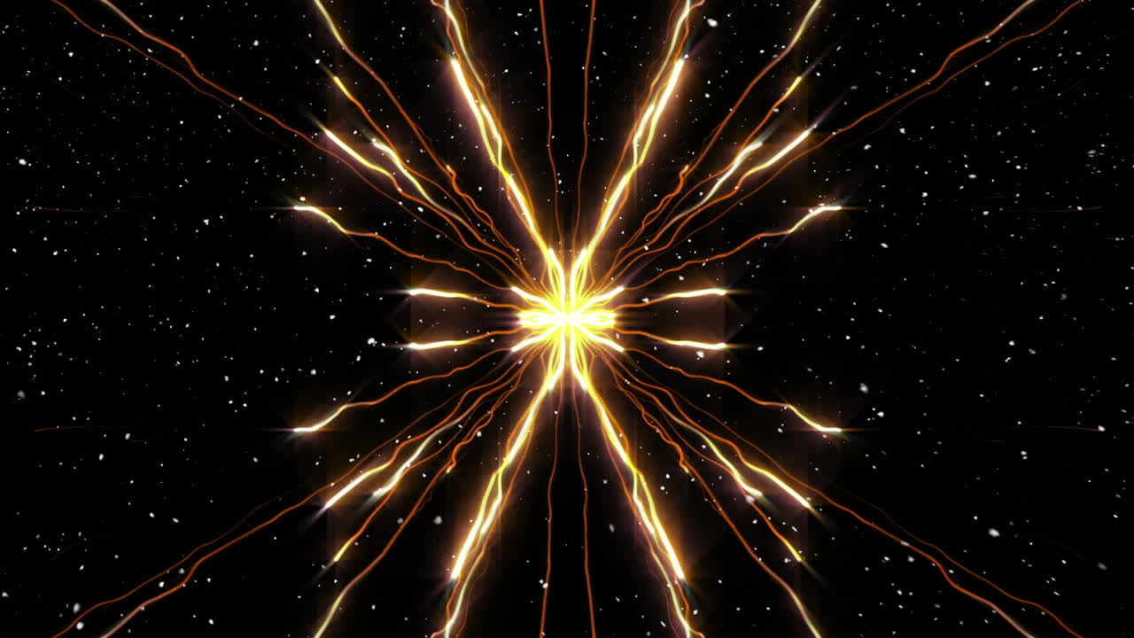 검은 바탕에 노란색 빛의 흔적 위에 눈이 떨어지는 디지털 애니메이션