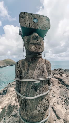 antigas cabeças de pedra usando fones de ouvido em uma ilha arte generativa