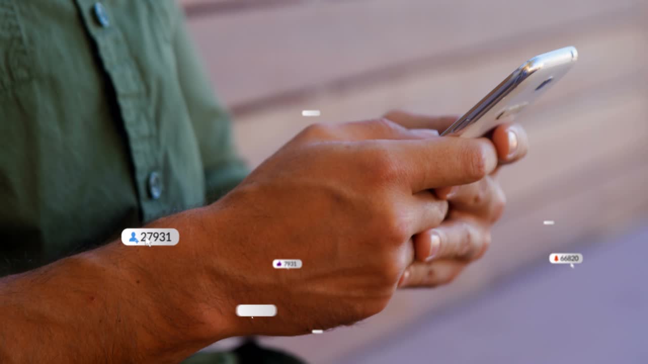 Man tapping phone screen, generating badges over phone, updating counts then fading for marketing