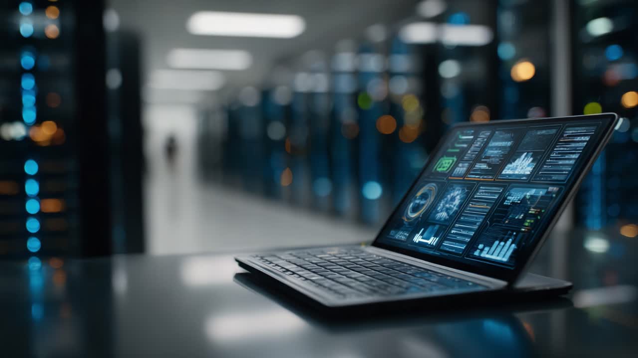 A modern data center setting featuring a laptop with intricate analytics on its screen, surrounded by rows of servers, emphasizing the synergy between technology and information management