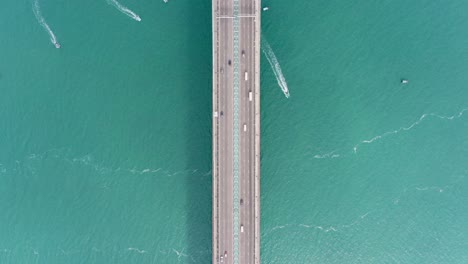 traffic on hong kong tsing ma bridge, aerial view