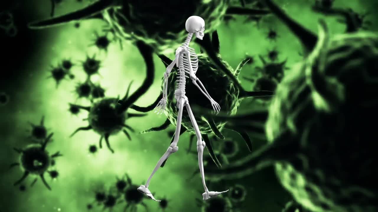 animación del esqueleto humano caminando sobre las células de covid 19 flotando