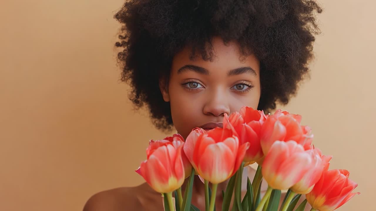 Bella donna con capelli afro e tulipani.