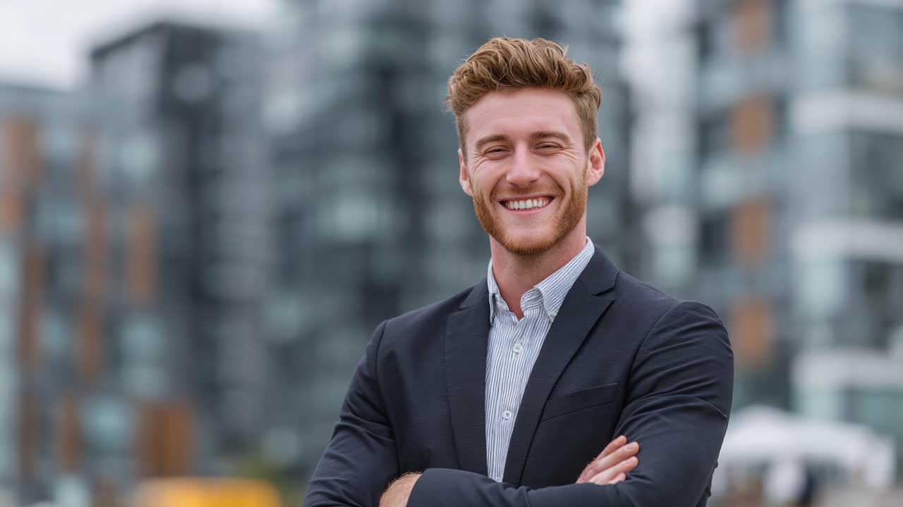 Confident young man smiling broadly with eyes closed in a modern urban setting, showcasing a positive and professional demeanor in the contemporary architecture background