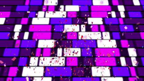 animación de espagueti cayendo sobre rectángulos brillantes rosados y púrpuras