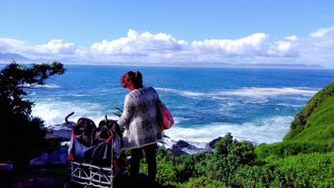 Mutter-Interagiert-Mit-Zwillingen-Im-Kinderwagen,-Während-Sie-Auf-Die-Wunderschöne-Walker-Bay-In-Hermanus-Blickt