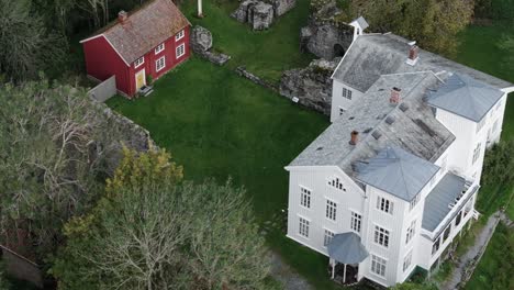 exterior of reins kloster in rissa, norway - aerial drone shot