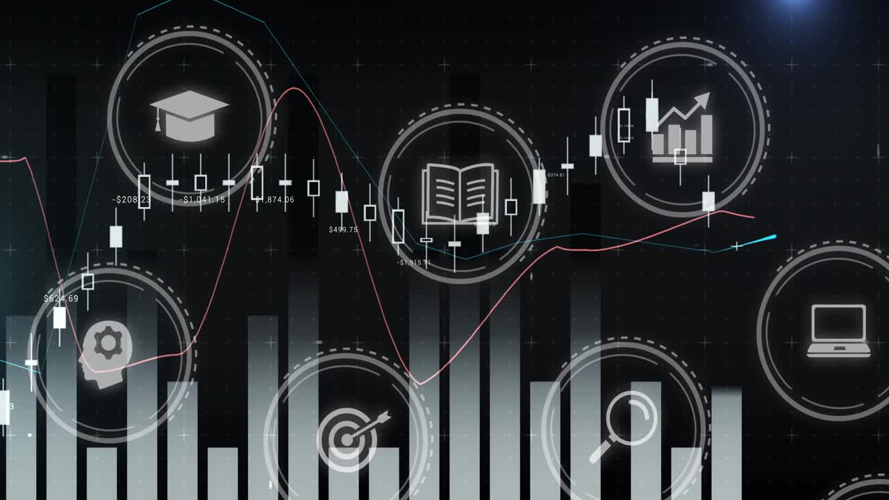 Dark dashboard loading, bars rising, candlesticks moving, HUD icons pulsing, showing trend lines