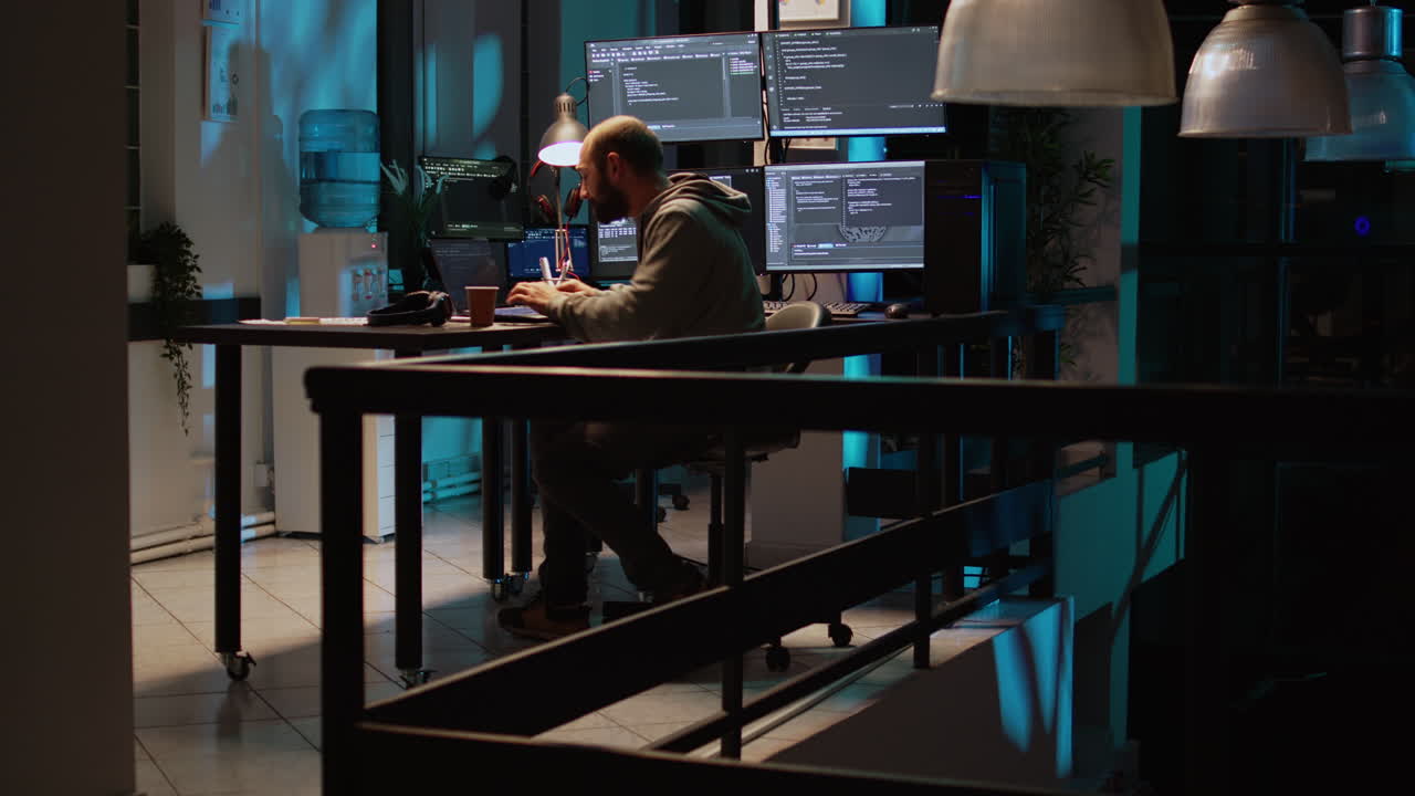 Office workspace with computer monitors and coding setup