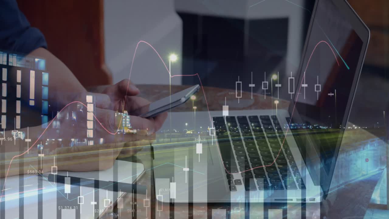 animación de estadísticas y procesamiento de datos sobre un empresario que usa un teléfono inteligente