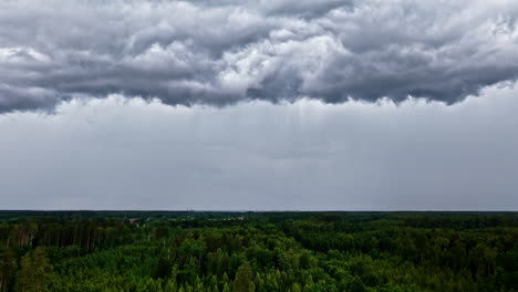 a dramatic aerial parallax shot reveals dark storm clouds rolling above a lush green forest near jelgava, latvia