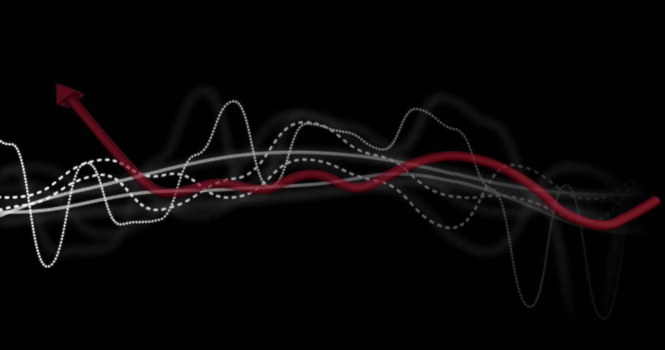 Starting white gray waveforms oscillating across black backdrop, red arrow sliding upward curve