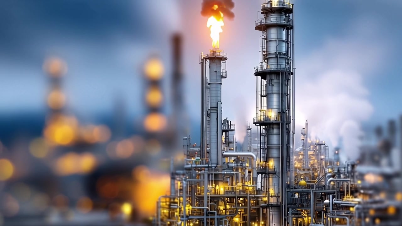 Industrial Refinery Complex at Dusk with Towers, Pipes, and Smokestacks Illuminated by Ambient Light and Emitting Plumes of Smoke into the Atmosphere