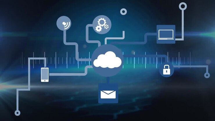 Animation of tech icons over waves on navy background