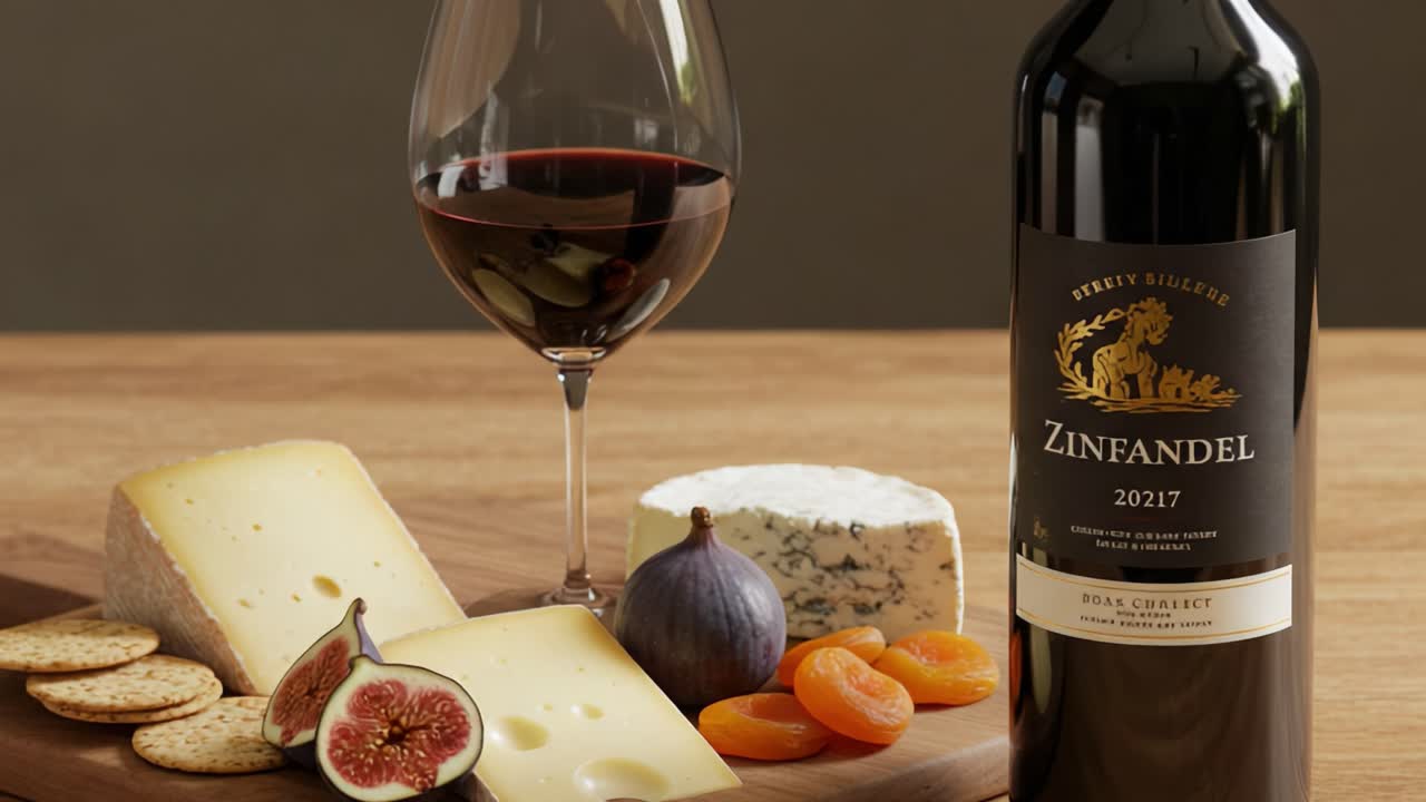 Zinfandel Wine and Cheese Board with Figs, Apricots, and Crackers