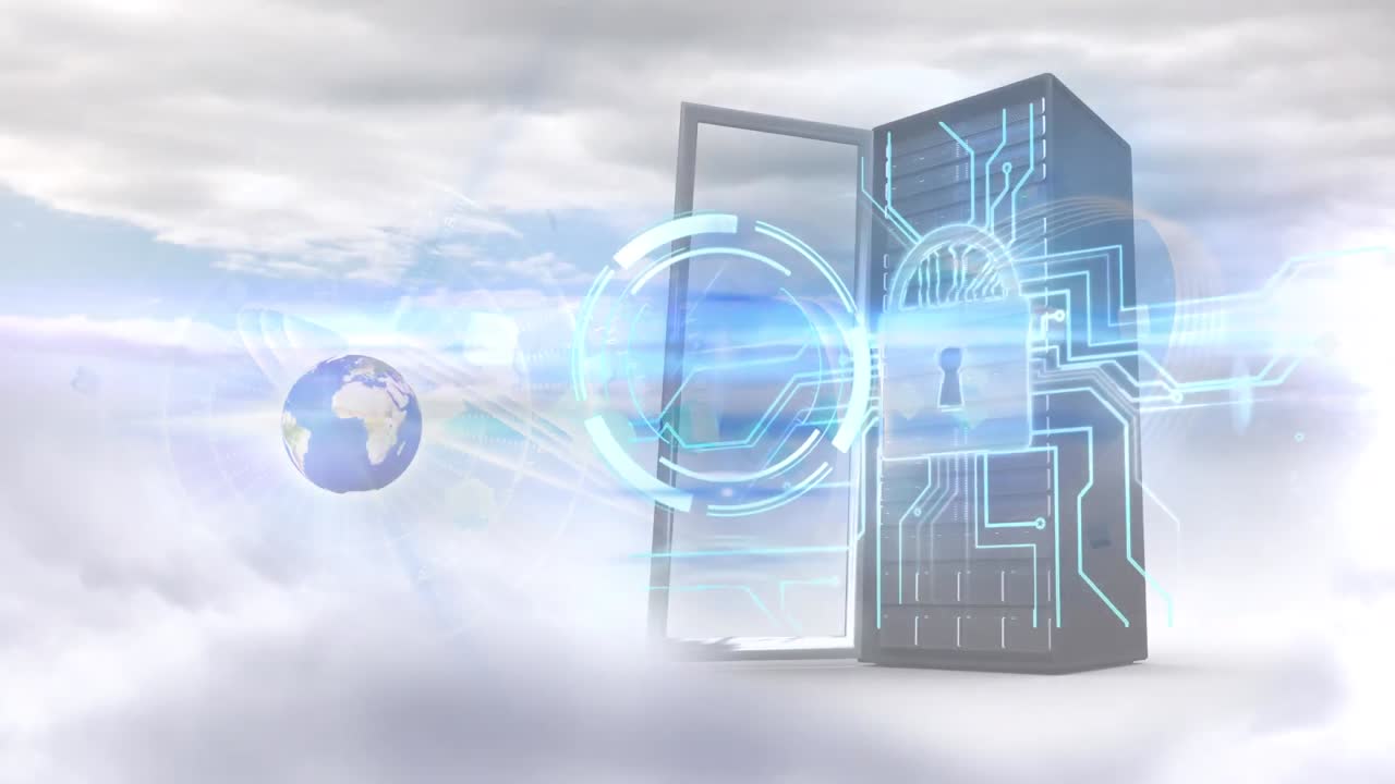 Animation of globe , data processing and servers over clouds