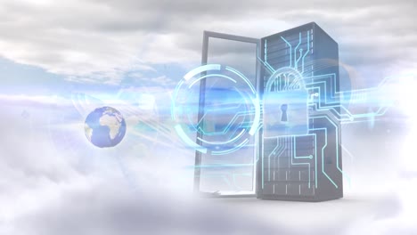 animation of globe , data processing and servers over clouds
