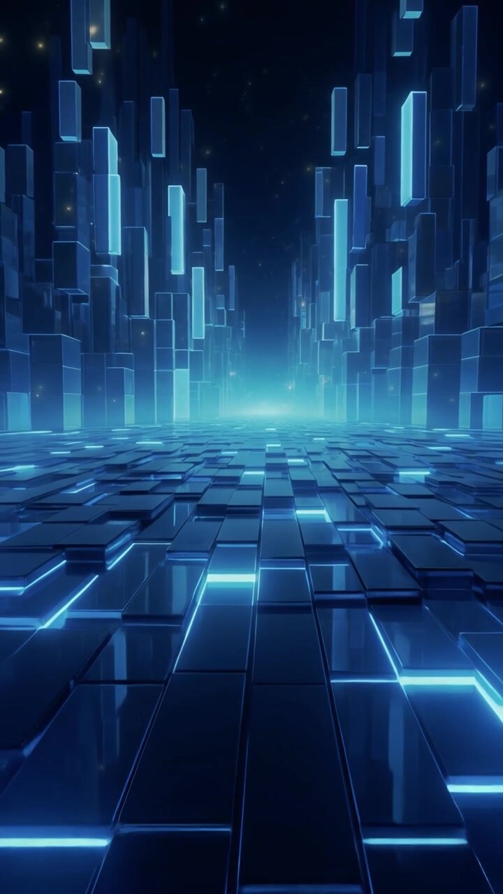 Paesaggio urbano digitale futuristico con strutture geometriche blu luminose
