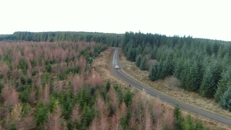 Drone-parallax-as-rally-car-races-around-a-corner-in-secluded-forest-landscape