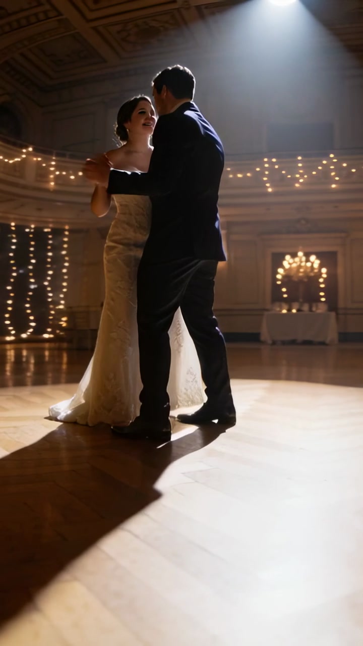 Vertical video: Spotlight cueing bride and groom sharing slow wedding dance, rotating and swaying