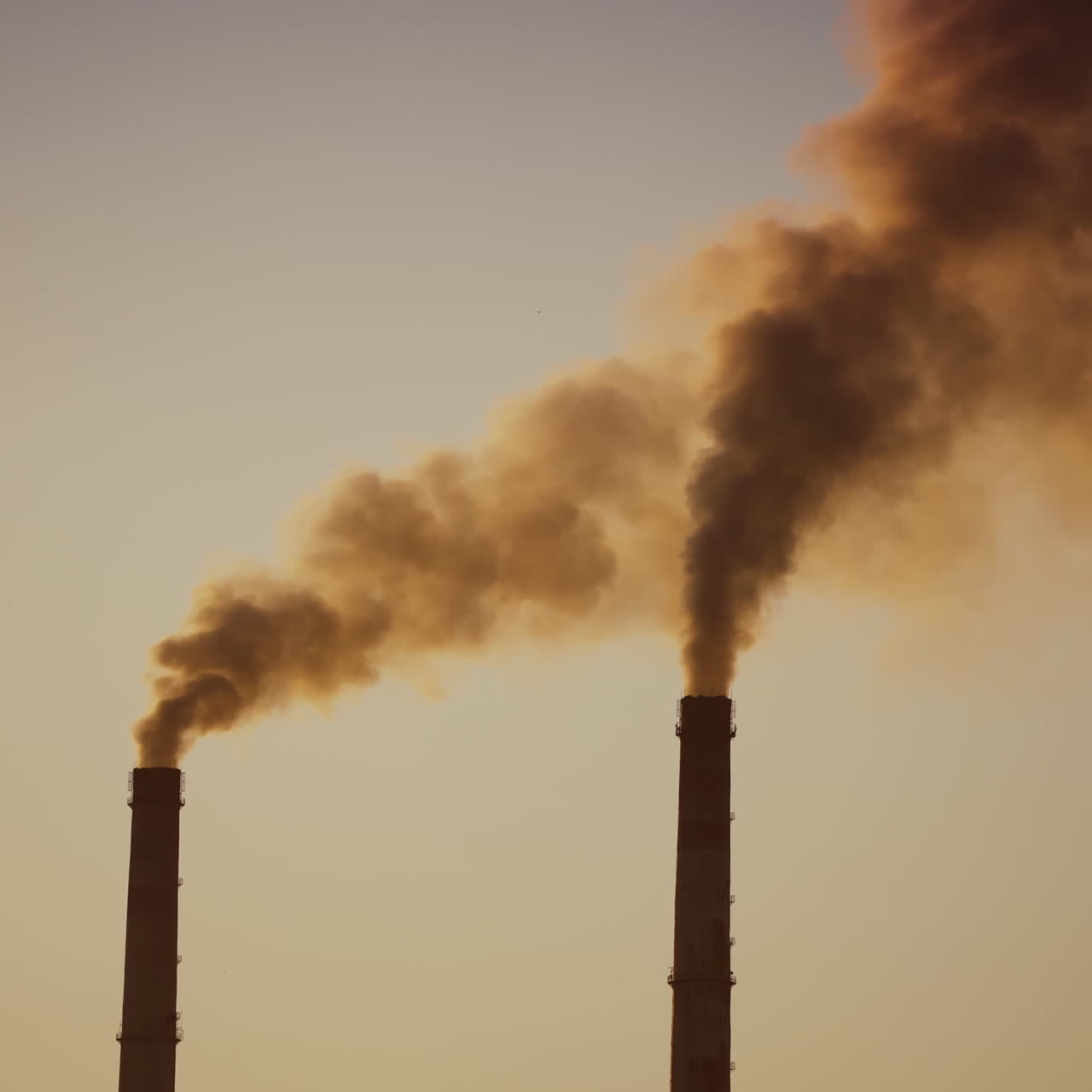 Air pollution by smoke coming out of two factory chimneys. Aerial view.