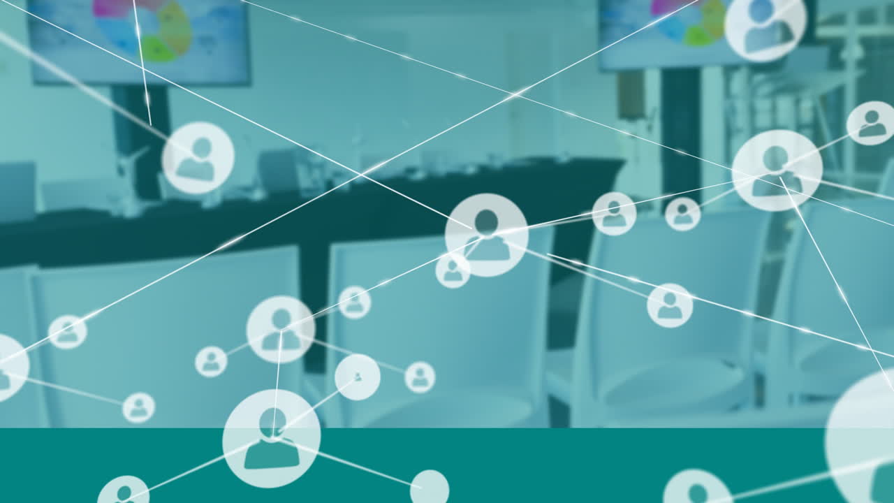 빈 회의실을 통해 연결 네트워크 및 데이터 처리 애니메이션