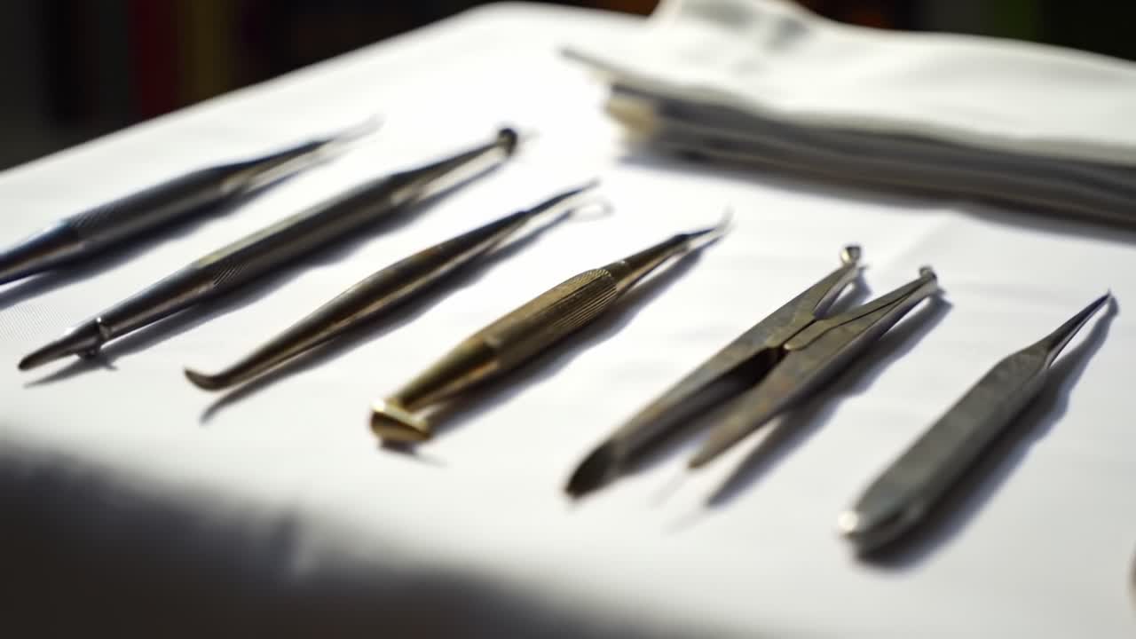 Collection of Precision Instruments for Surgical Procedures on a Clean White Surface with Light Reflection Highlighting Their Sharpness and Detail