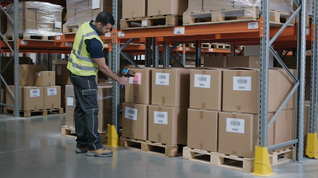 Attivazione scanner, lavoratore che scansiona codici a barre su scatole pallet nel corridoio, con giubbotto ad alta visibilità per l'inventario