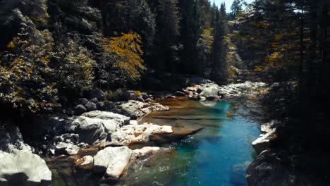 a bright blue pond in the mountains reflecting the sun's shining rays