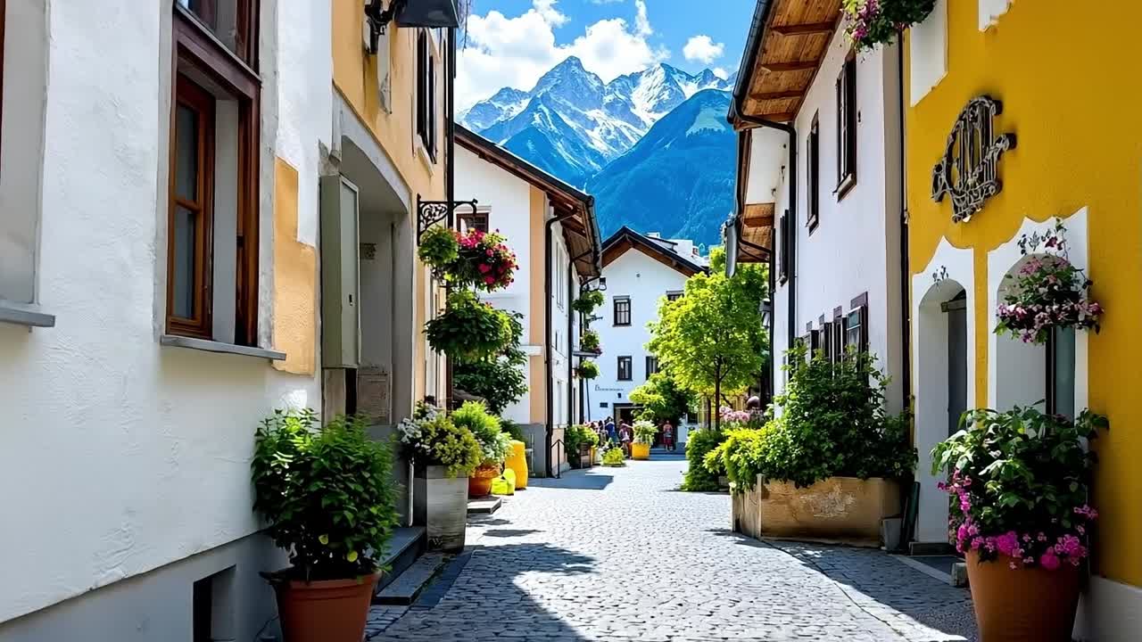 A narrow street lined with potted plants and flowers in front of a mountain range
