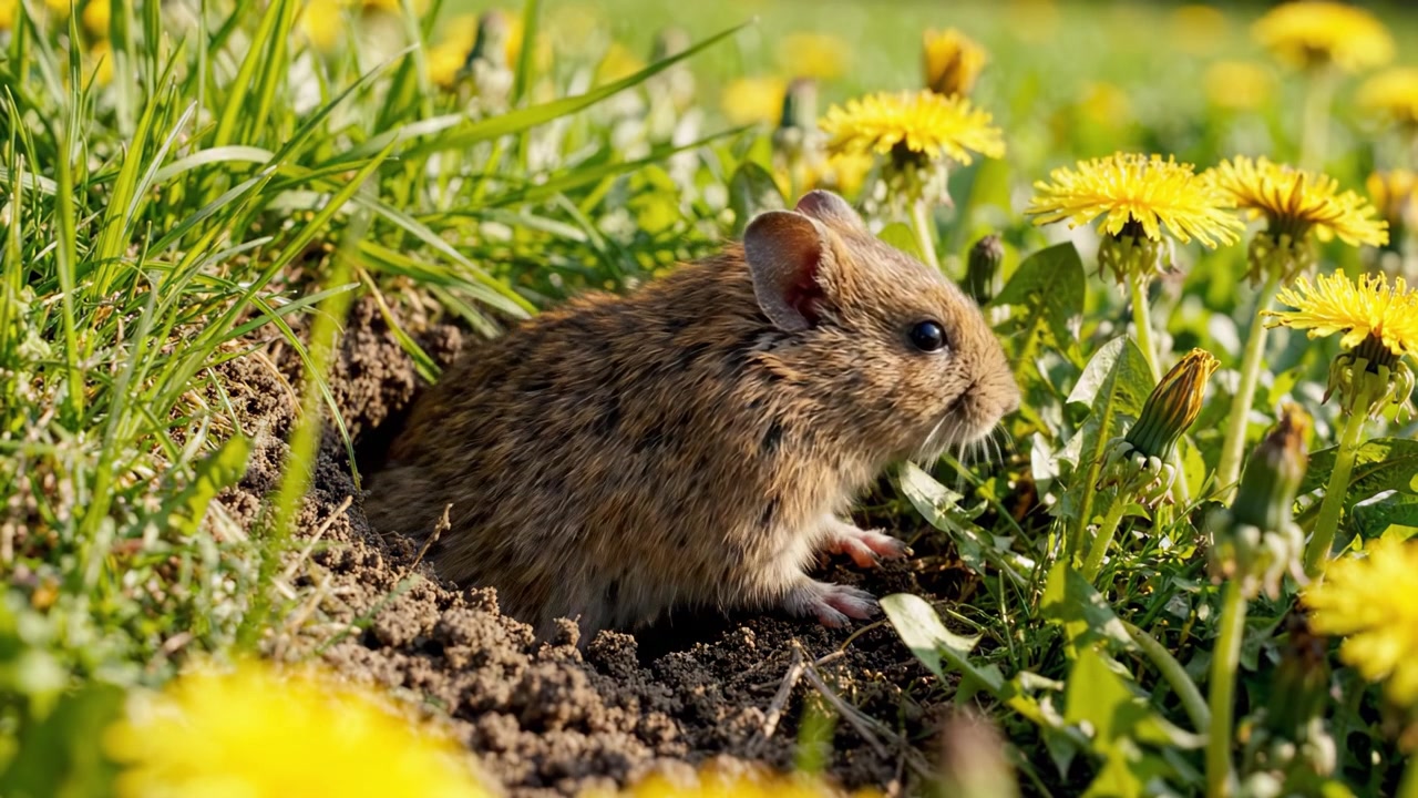 Una piccola creatura fa capolino da una tana tra vivaci denti di leone gialli e erba verde rigogliosa, mostrando un momento di vita selvatica in un ambiente naturale.