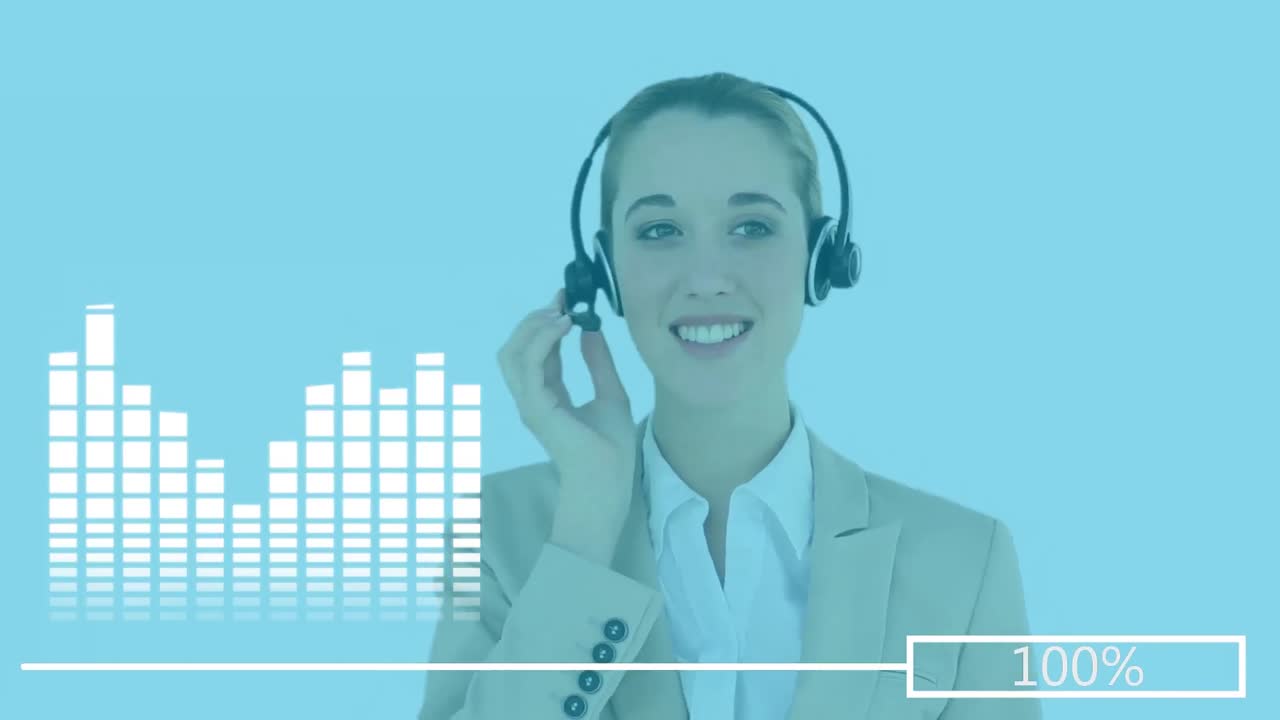 animación de una mujer caucásica con auriculares sobre la grabación de datos