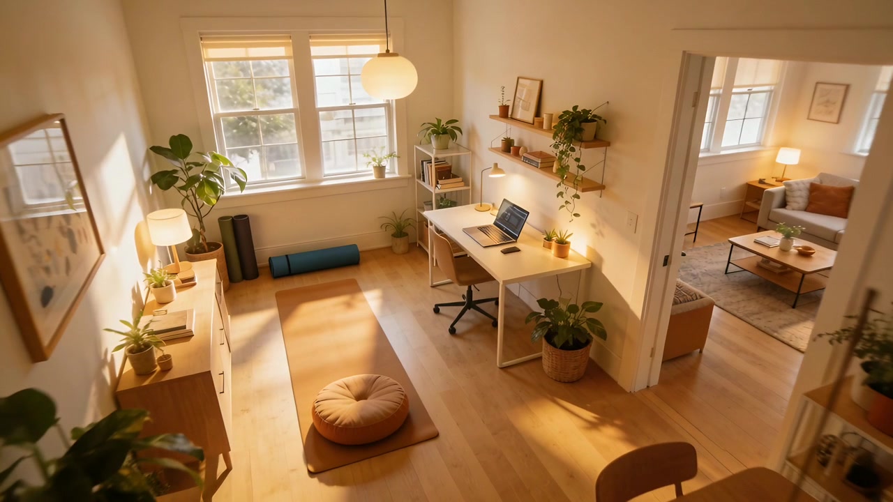 Zooming camera over tidy home workspace and yoga mat tightening frame, revealing laptop and cushion