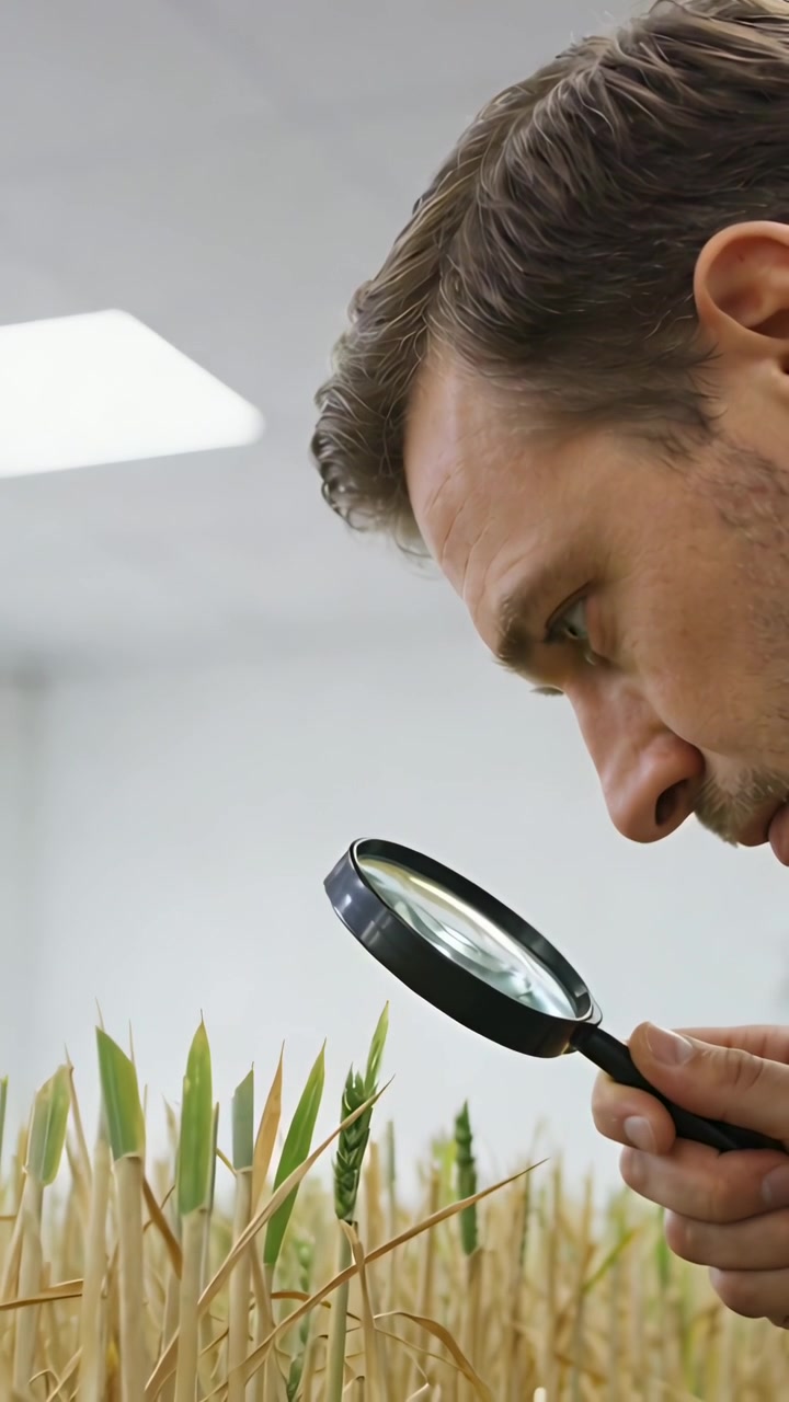Vertical video: Leaning scientist examining wheat in lab tray for study with magnifier, copy space