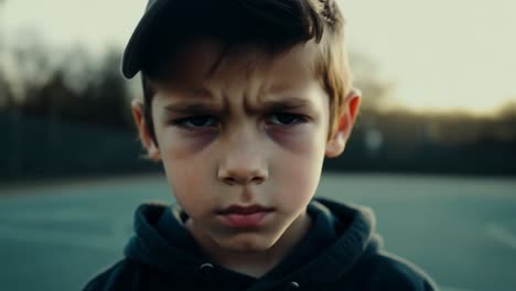 a young boy with a serious expression stands on a basketball court.