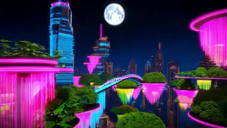 futuristic city at night with floating gardens