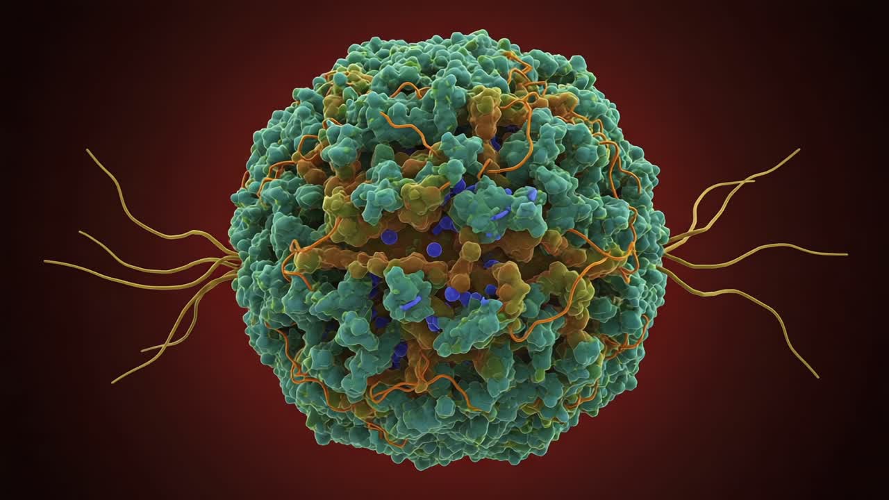 Illustration of a Complex Biological Cell Structure Highlighting the Intricate Protein Composition and Filamentous Projections Surrounding the Cell Membrane