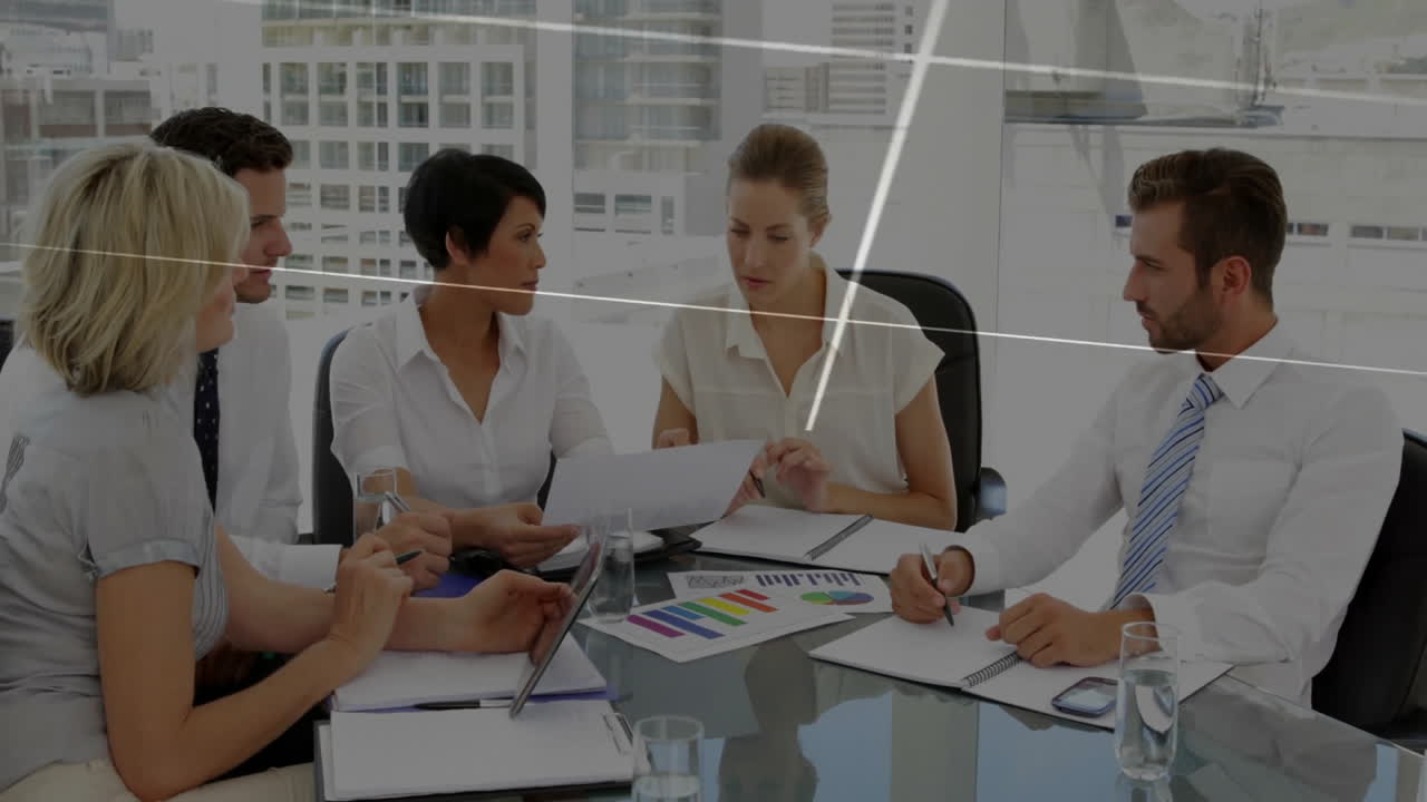 Business meeting with charts and graphs, data analysis animation over office setting