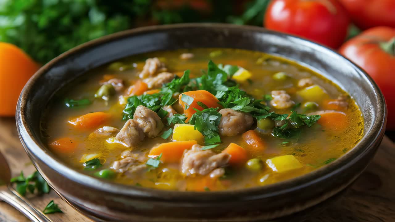 Aromatic steam rising from a hearty soup featuring tender meat, chunks of potatoes, vibrant carrots, sweet peas, and a sprinkle of fresh parsley, creating a comforting and flavorful meal