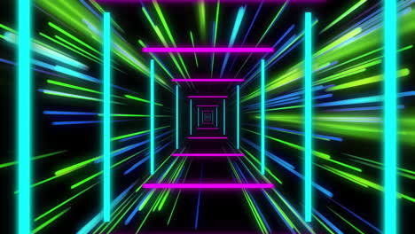 animación de senderos de luz de neón coloridos y túnel digital sobre fondo negro