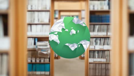 animation of globe over shelves with books in library