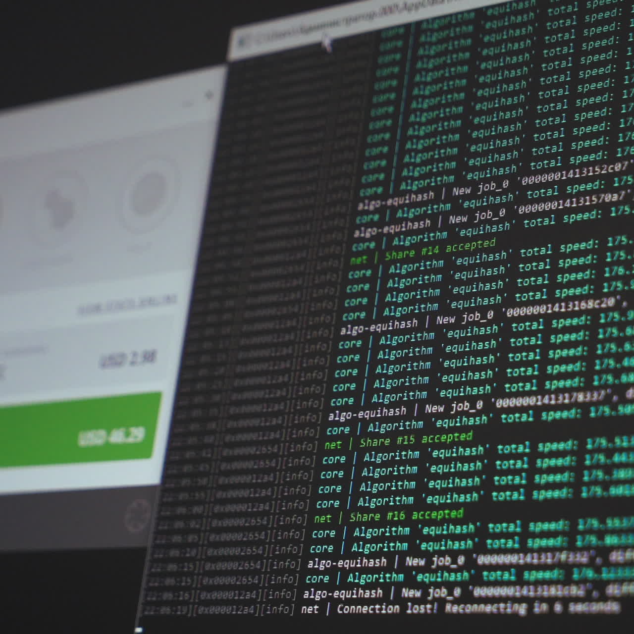 Screen with crypto code. Program code for mining cryptocurrency, mining work. Screen with software developer code. Crypto-currency